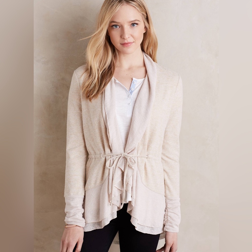Anthropologie Saturday Sunday Oatmeal Matanie Tie Closure Ruffle‎ Cardigan